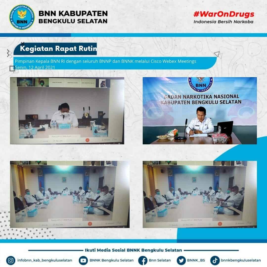 Kegiatan Rapat Rutin Pimpinan Kepala BNN RI dengan seluruh BNNP dan BNNK melalui Cisco Webex Meetings Kegiatan Rapat Rutin Pimpinan Kepala BNN RI dengan seluruh BNNP dan BNNK melalui Cisco Webex Meetings