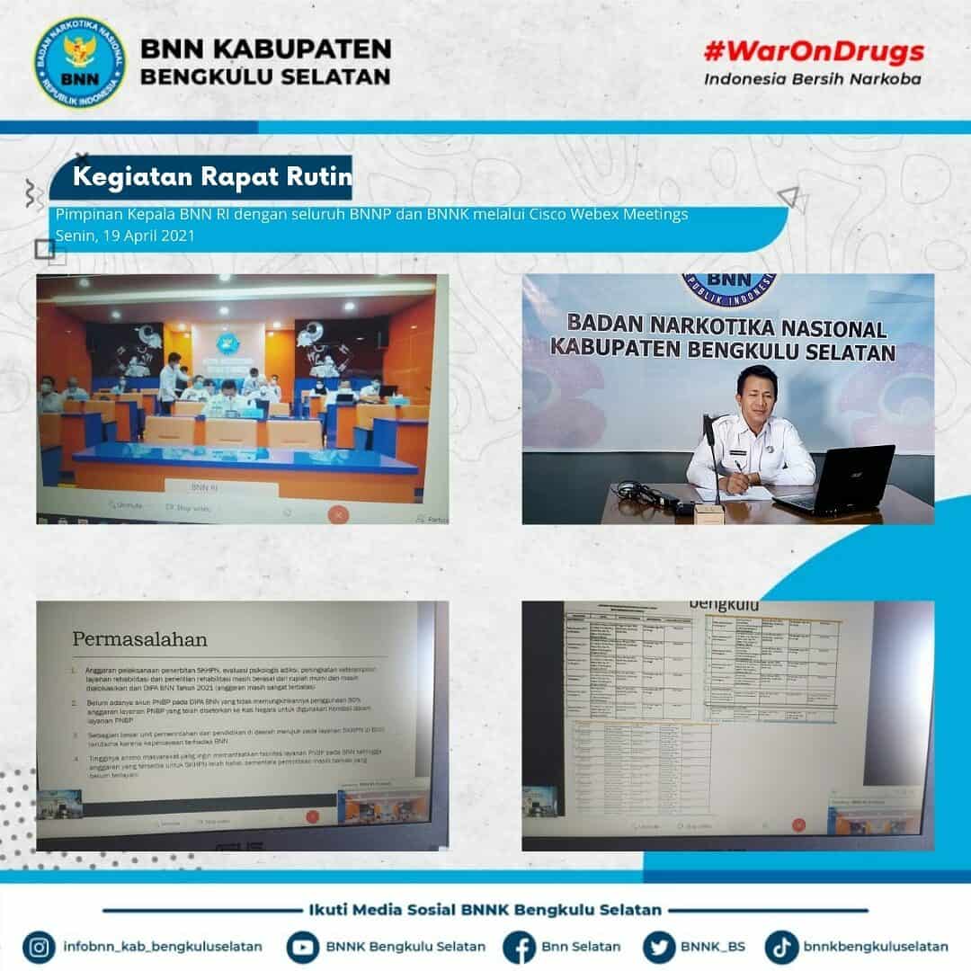 Kegiatan Rapat Rutin Pimpinan Kepala BNN RI dengan seluruh BNNP dan BNNK melalui Cisco Webex Meetings Kegiatan Rapat Rutin Pimpinan Kepala BNN RI dengan seluruh BNNP dan BNNK melalui Cisco Webex Meetings