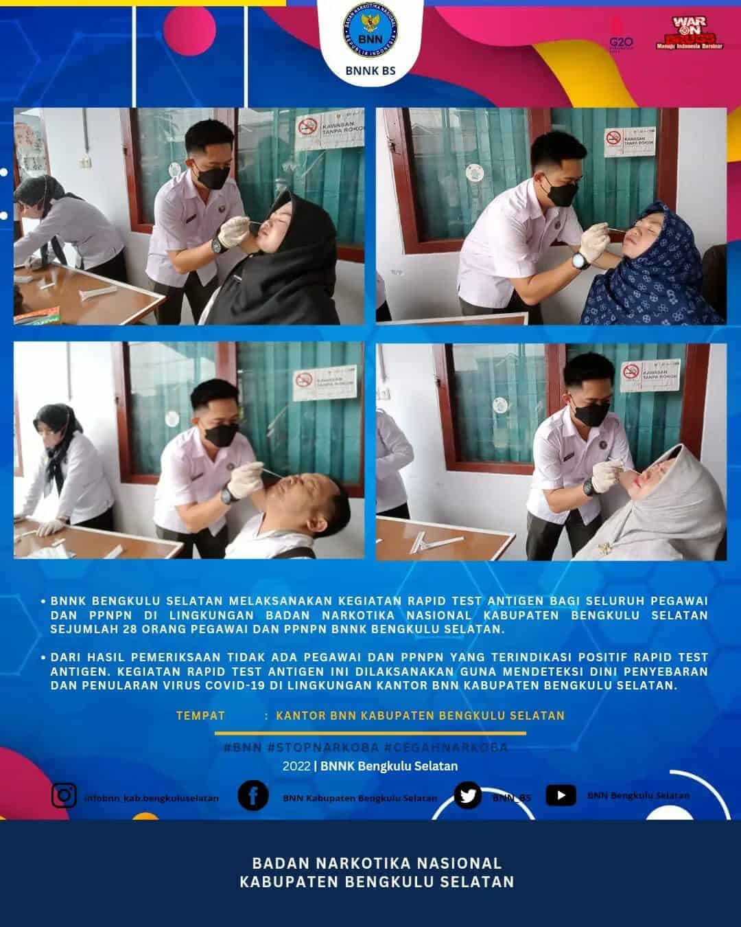 Kegiatan Rapid Test Antigen Bagi Seluruh Pegawai Dan PPNPN Di Lingkungan Badan Narkotika Nasional Kabupaten Bengkulu Selatan