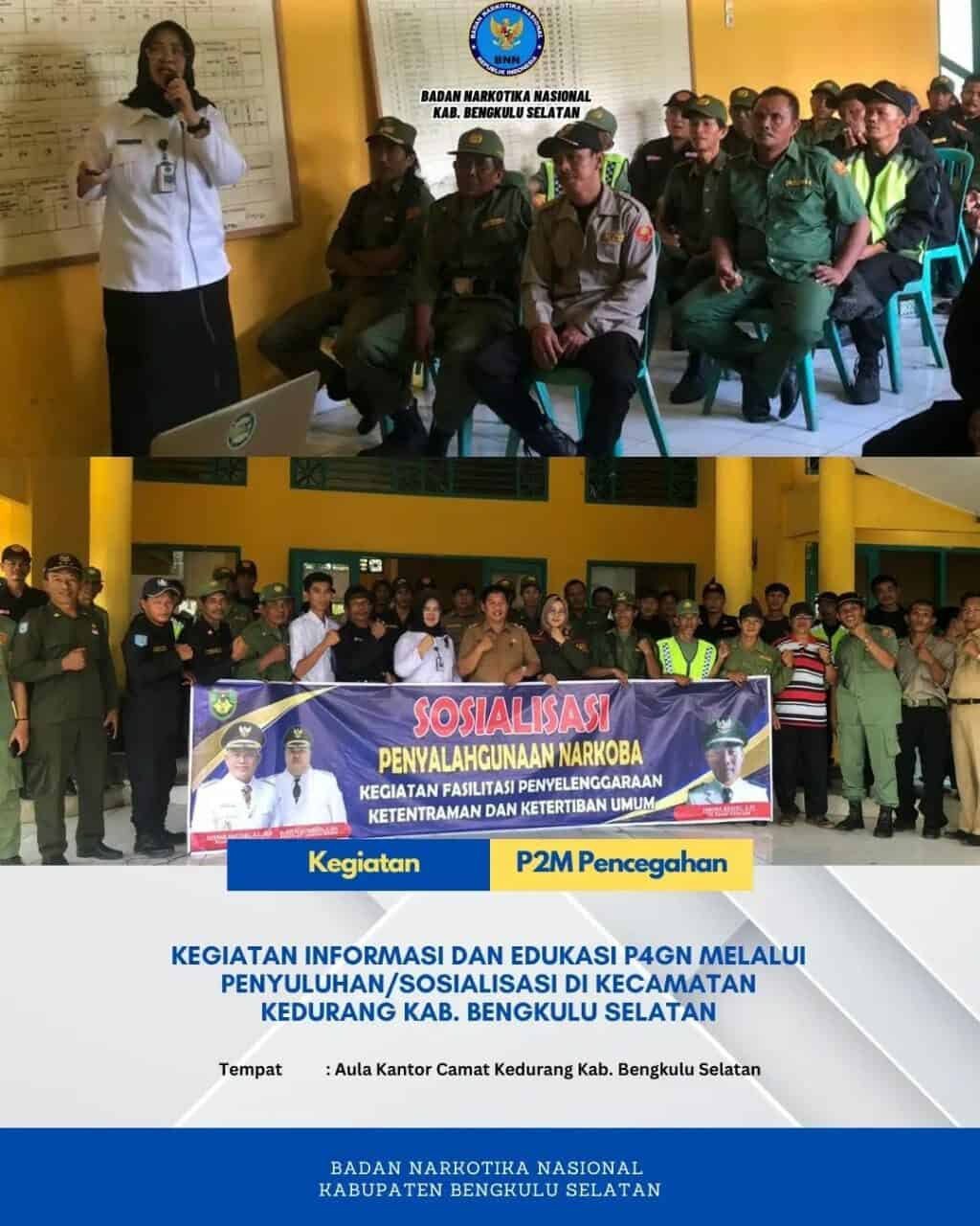 (Dokumentasi Kegiatan) Seksi P2M Bidang Pencegahan BNN Kabupaten Bengkulu Selatan melaksanakan Kegiatan Informasi dan Edukasi P4GN melalui Penyuluhan/ Sosialisasi di Kecamatan Kedurang Kab. Bengkulu Selatan. (Dokumentasi Kegiatan) Seksi P2M Bidang Pencegahan BNN Kabupaten Bengkulu Selatan melaksanakan Kegiatan Informasi dan Edukasi P4GN melalui Penyuluhan/ Sosialisasi di Kecamatan Kedurang Kab. Bengkulu Selatan.